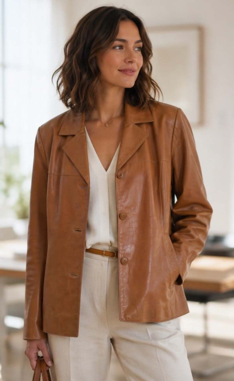 VTG MOSSIMO Tan Brown Leather 3-button Jacket Blazer Coat Womens LARGE Career